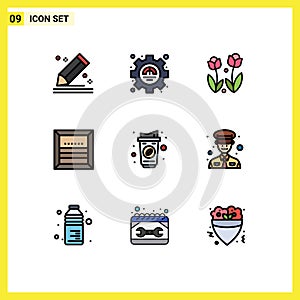 Mobile Interface Filledline Flat Color Set of 9 Pictograms of e, cargo, productivity, box, rose