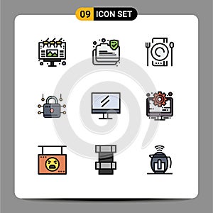 Mobile Interface Filledline Flat Color Set of 9 Pictograms of education, secure, cafe, security, louck photo