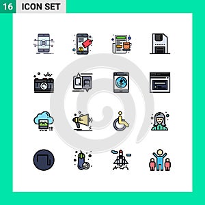 Mobile Interface Flat Color Filled Line Set of 16 Pictograms of camera, interface, breakfast, floppy, disc