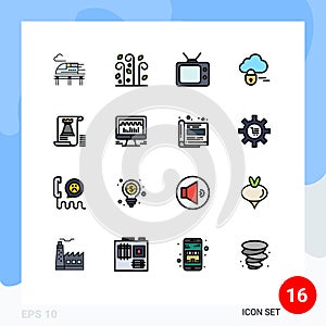 Mobile Interface Flat Color Filled Line Set of 16 Pictograms of fort, tower, tv, castle, server