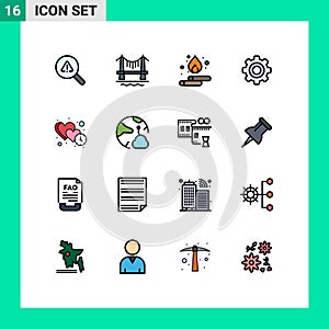 Mobile Interface Flat Color Filled Line Set of 16 Pictograms of heart, wheel, droop, gear, basic