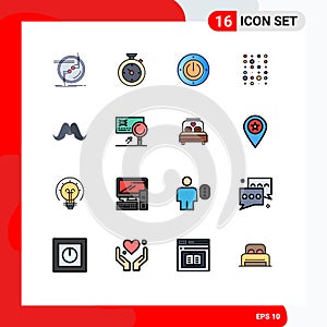 Mobile Interface Flat Color Filled Line Set of 16 Pictograms of moustache, instructure data, hotel, data, computing