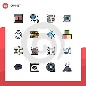 Mobile Interface Flat Color Filled Line Set of 16 Pictograms of stopwatch, camposs, breakfast, plug, electric