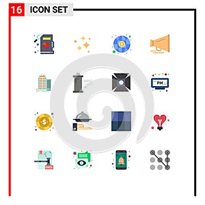 Mobile Interface Flat Color Set of 16 Pictograms of cinema, office, investment, skyscaper, motivation