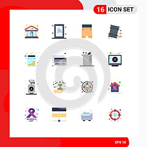 Mobile Interface Flat Color Set of 16 Pictograms of coins, pollution, beach, garbage, barrels