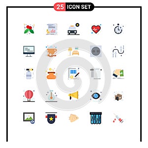 Mobile Interface Flat Color Set of 25 Pictograms of location, health care, car, pulse, beat