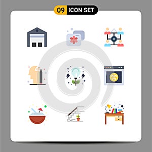 Mobile Interface Flat Color Set of 9 Pictograms of energy, pencile, spa, mind, share
