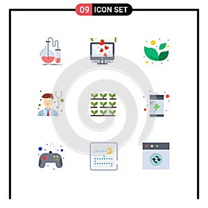 Mobile Interface Flat Color Set of 9 Pictograms of grower, stethoscope, love, physician, wellness leaf