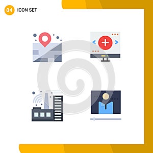 Mobile Interface Flat Icon Set of 4 Pictograms of location, factory, computer, magnifier, broadcast