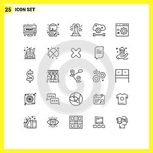 Mobile Interface Line Set of 25 Pictograms of cloud sync settings, cloud service configure, clip board, cloud preferences, love