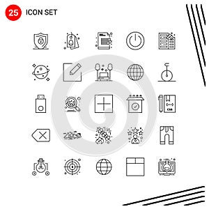 Mobile Interface Line Set of 25 Pictograms of ui, on, cryptography, off, erasure