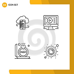 Mobile Interface Line Set of 4 Pictograms of cloudstorage, video, clouds, safety, ring