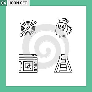 Mobile Interface Line Set of 4 Pictograms of compass, layout, knowledge, smart, success