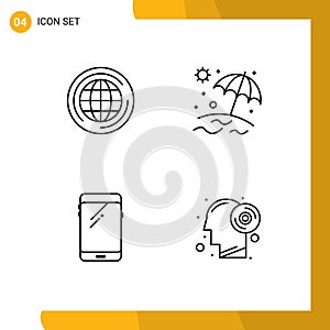 Mobile Interface Line Set of 4 Pictograms of world, mobile, think, vacation, samsung