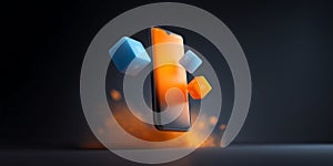 Mobile Vertical 3D Interface Mockup with Floating Typography and Glowing Icons in Scene