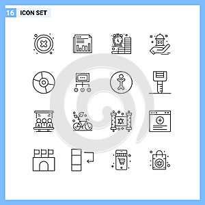 Mobile Interface Outline Set of 16 Pictograms of charity, money, news, finance, clock