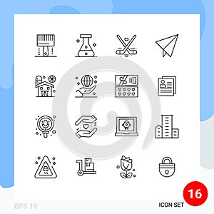 Mobile Interface Outline Set of 16 Pictograms of farm, agriculture, canada, plane, olympics