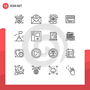 Mobile Interface Outline Set of 16 Pictograms of film flap, clapper, inbox, clapboard, mail