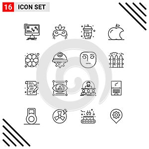 Mobile Interface Outline Set of 16 Pictograms of football, intellect, mardigras, fruit, water