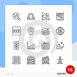 Mobile Interface Outline Set of 16 Pictograms of password, field, graduate cup, workflow, iteration