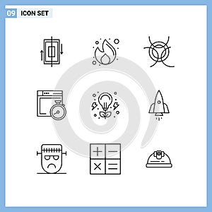 Mobile Interface Outline Set of 9 Pictograms of bulb, compass, money, brower, space