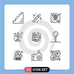 Mobile Interface Outline Set of 9 Pictograms of credit, directions, liquidator, direction, travel