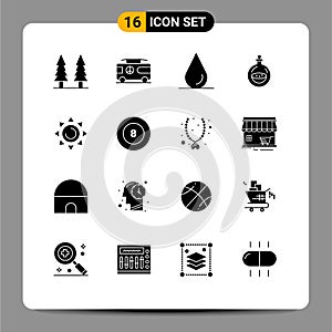 Mobile Interface Solid Glyph Set of 16 Pictograms of ball, shinning, drop, beach, toilette