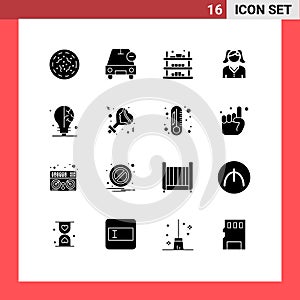 Mobile Interface Solid Glyph Set of 16 Pictograms of bulb, mother, vehicles, female, sale