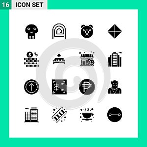 Mobile Interface Solid Glyph Set of 16 Pictograms of coin, symbols, reader, symbolism, safety