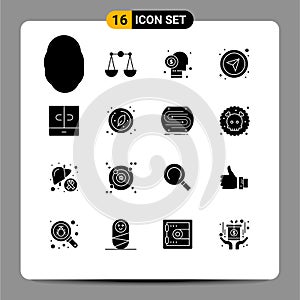 Mobile Interface Solid Glyph Set of 16 Pictograms of decor, navigational, capitalist, gps, compass