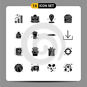 Mobile Interface Solid Glyph Set of 16 Pictograms of soft serve, dessert, location, food, life