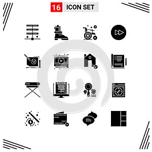 Mobile Interface Solid Glyph Set of 16 Pictograms of text, frame, wheel, design, next