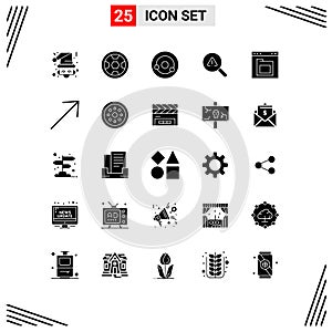 Mobile Interface Solid Glyph Set of 25 Pictograms of browser, view, wreath, search, molecule