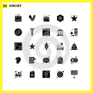 Mobile Interface Solid Glyph Set of 25 Pictograms of cinema, connection, cash, data, network