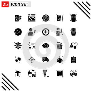 Mobile Interface Solid Glyph Set of 25 Pictograms of dreadful, casket, wheel, learning, profile