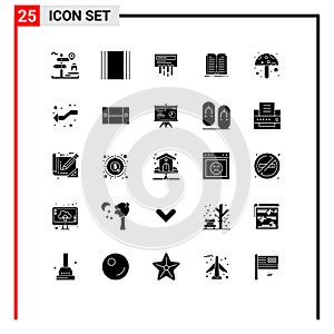 Mobile Interface Solid Glyph Set of 25 Pictograms of food, tranfer, layout, file, radio