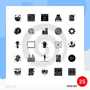 Mobile Interface Solid Glyph Set of 25 Pictograms of valentine night, lover, programing, love, website