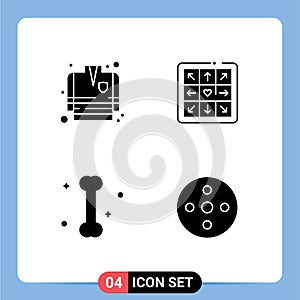 Mobile Interface Solid Glyph Set of 4 Pictograms of fire fighting, camera reel, dancing, medical, reel