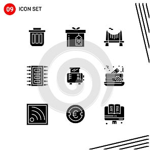 Mobile Interface Solid Glyph Set of 9 Pictograms of chip, tech, box, road, city