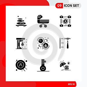 Mobile Interface Solid Glyph Set of 9 Pictograms of game, punching ball, push, payments, network