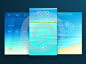 Mobile interface wallpaper design with sea views - underwater, tropical island and seaside. Vector illustration, eps10.