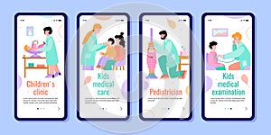 Mobile interfaces for pediatrician children clinic cartoon vector illustration.