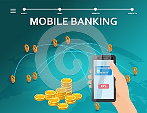 Mobile internet banking isometric. Hand hold smartphone, stacks coins, isometric. Concept mobile Ecommerce, shopping