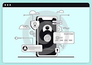 Mobile Internet Secutiry, fingerprint identification, internet security concept. Flat design vector