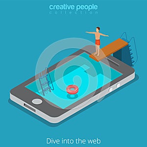 Mobile internet surfing www web phone flat isometric vector 3d