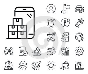 Mobile inventory line icon. Wholesale app sign. Salaryman, gender equality and alert bell. Vector