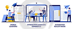 Mobile learning, interactive learning experience, augmented reality book concept with tiny people. E-learning platform vector