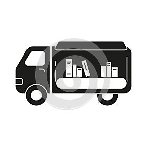 Mobile library silhouette icon. Black simple pictogram of van with canopy and books