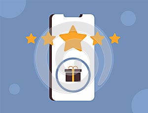 Mobile loyalty program, App rewards illustration. Gamification concept with mobile phone with five star rating and gift
