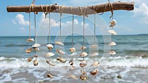 A mobile made of driftwood seashells and twine with hanging seashell spirals catching the ocean breeze.